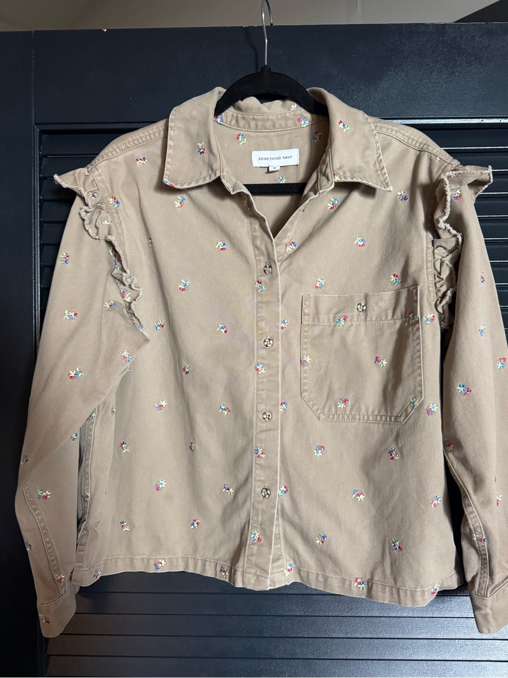 Something Navy Floral Embroidered Ruffle Shirt M
